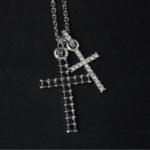 Swarovski Double Cross Crystal Necklace Pendant Silver Black